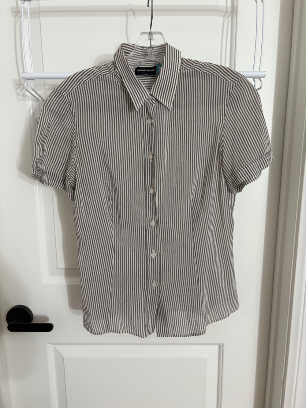 Giorgio Armani Button Up Collared Cotton Gray Striped Shirt Women’s Size XS